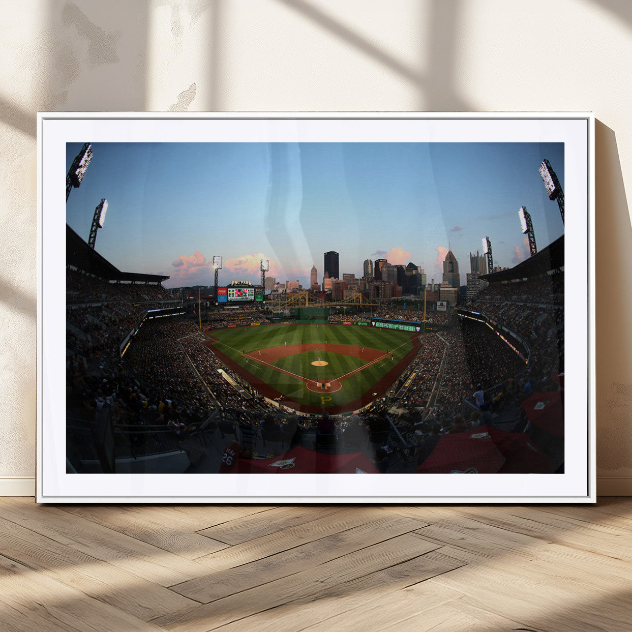 67670-MGC-FP-36x24_White-PNC Park Evening Game Triple Canvas Wall Art - Pittsburgh Pirates MLB Match - PNC Park Stadium Wall