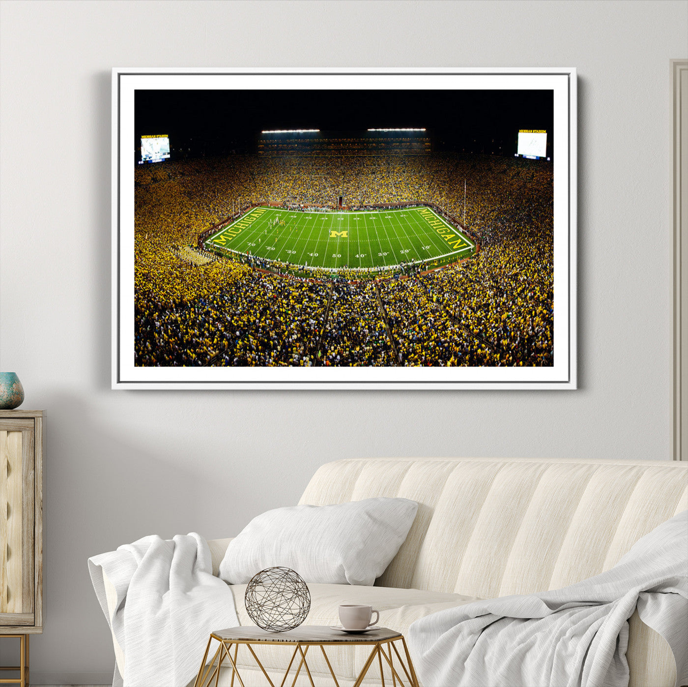 26166-MGC-FP-36x24_White-Stadium in Michigan Wall Art Canvas Print, Framed American Football Stadium Art Picture Print, Football Stadium Field Perfect Sports Room Decor Artwork