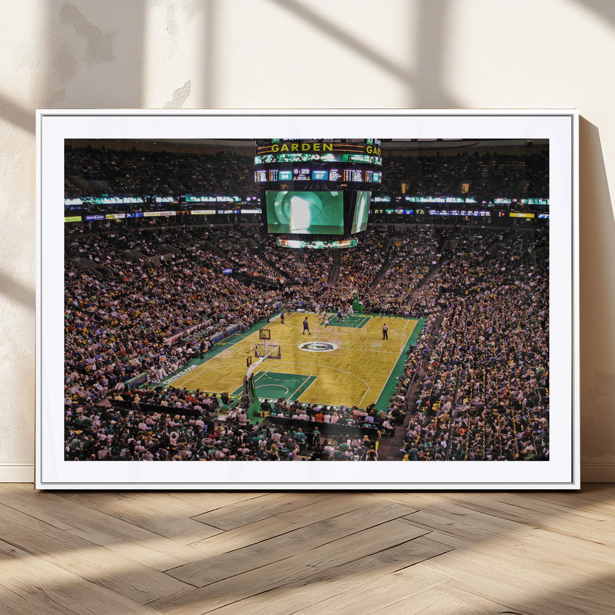 21705-MGC-FP-36x24_White-TD Garden Basketball Canvas Wall Art - Boston Celtics Live Action - Framed - Ready to Hang