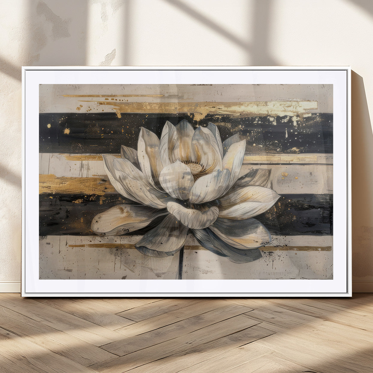 MGC-FP-36x24 - Lotus Flower Wall Art Canvas Print, Framed Abstract Lotus Art Picture Print, White Lotus Flower Perfect Abstract Floral Decor Artwork