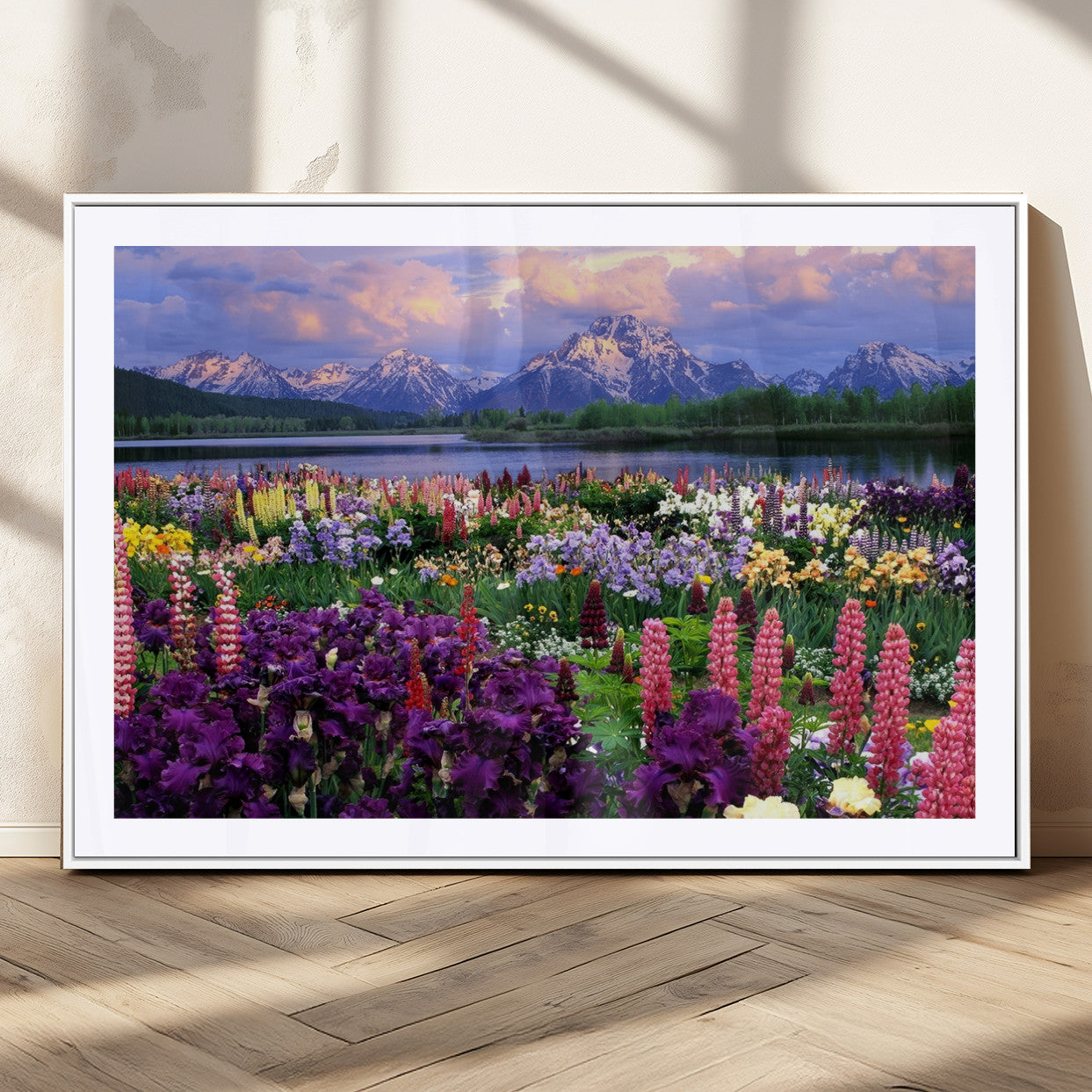 MGC-FP-36x24 - Vibrant Wildflower Garden and Mountain View Giclee Canvas Print | Floral Wall Art for Living Room