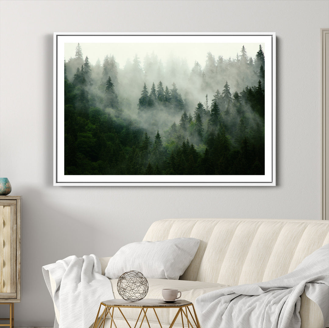 Misty Forest Mountain Wall Art | Large 3-Panel Foggy Landscape Canvas Print | Misty Forest Canvas Art | Nature Wall Art for Home | Mountain Fog Print