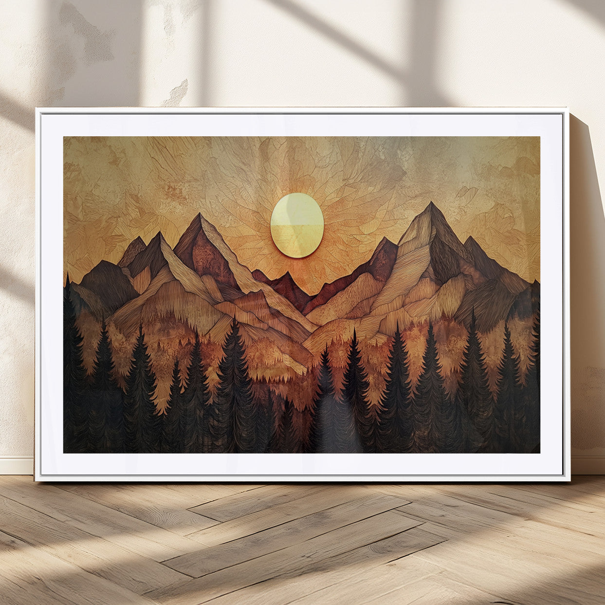 MGC-FP-36x24 - Wood Style Abstract Mountain Sunset Canvas Wall Art Print - Warm Earth Nature-Inspired Decor for