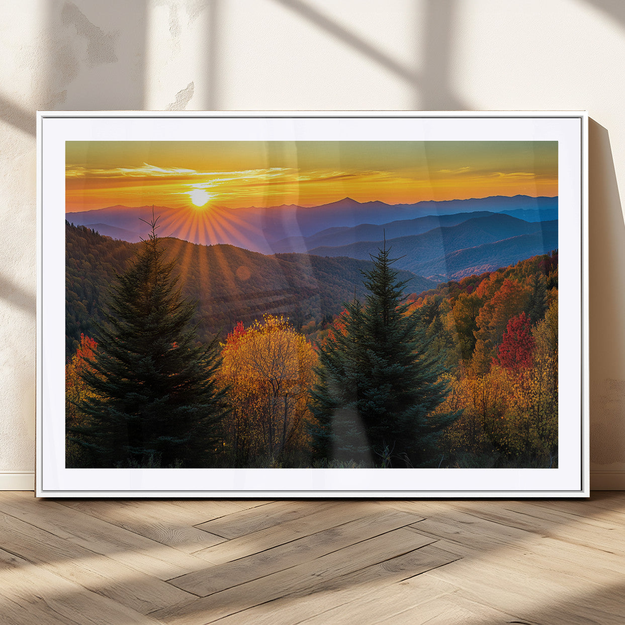 MGC-FP-36x24 - Golden Sunset Over Mountain Forest Canvas Wall Art Print - Warm Nature-Inspired Landscape for Living