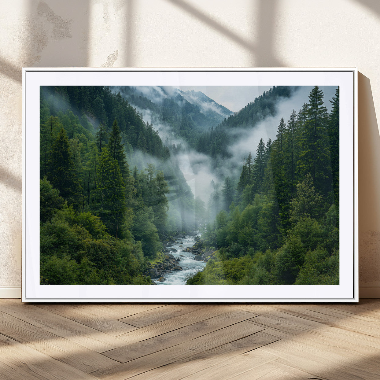MGC-FP-36x24 - Mountain Forest River Canvas Wall Art Print - Serene Nature Landscape for Living Room, Office, or