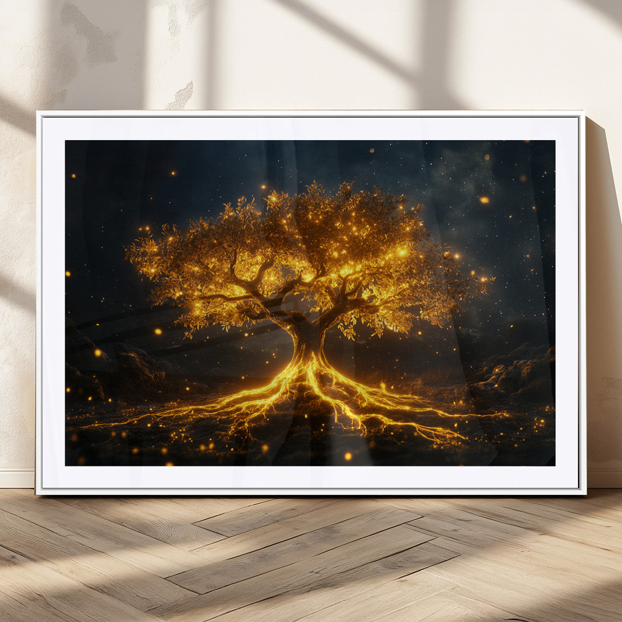 MGC-FP-36x24 - Golden Tree of Life Canvas Wall Art Print - Majestic Glowing Tree Design for Living Room, Office, or