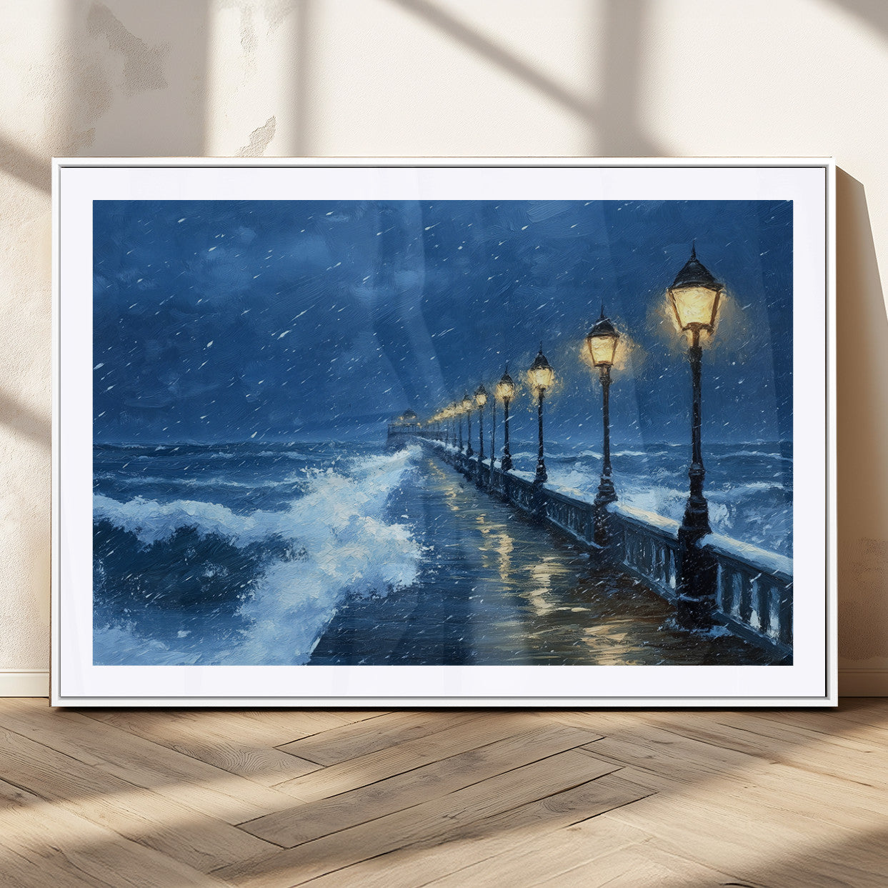 MGC-FP-36x24 - Stormy Ocean Pier Lights Canvas Wall Art Print - Large Moody Night Scene for Living Room, or Office,