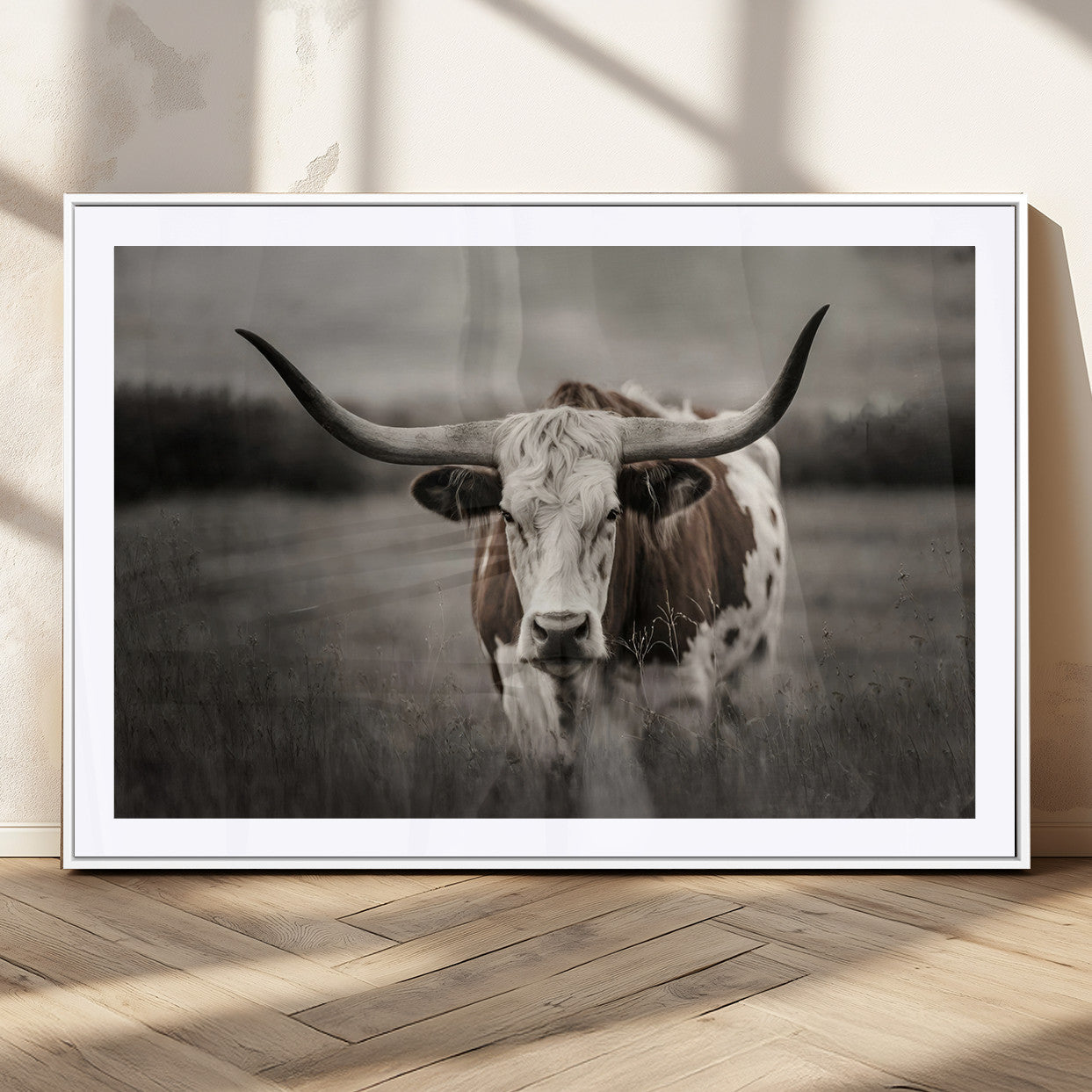 MGC-FP-36x24 - Texas Longhorn Cow Canvas Wall Art Print - Large Rustic Longhorn Art for Living Room, Western Wall