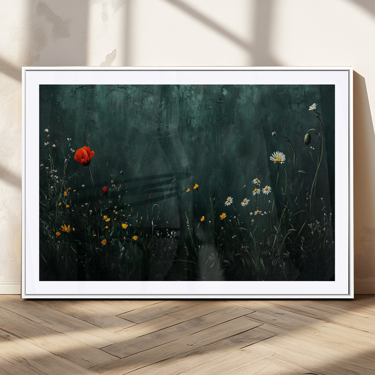 MGC-FP-36x24 - Wildflower Field Framed Wall Art, Vintage Botanical Landscape Sign, Botanical Wall Art, Modern