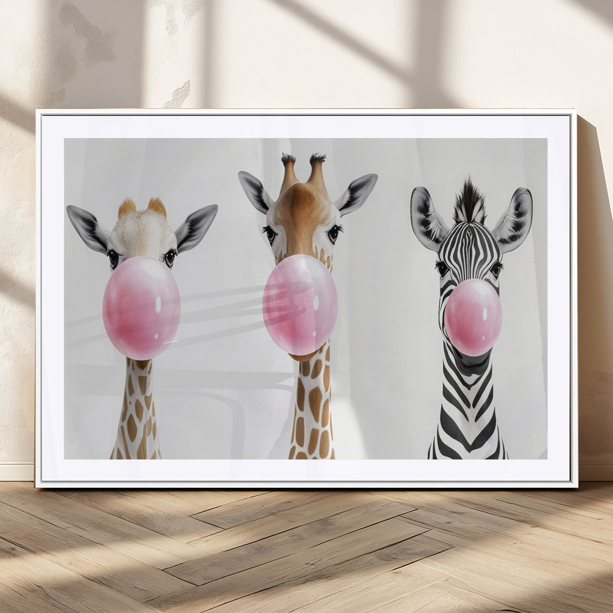 MGC-FP-36x24 - Bubblegum Animals Canvas Wall Art - Playful Giraffe and Zebra Trio, Fun Nursery Decor for Kids'
