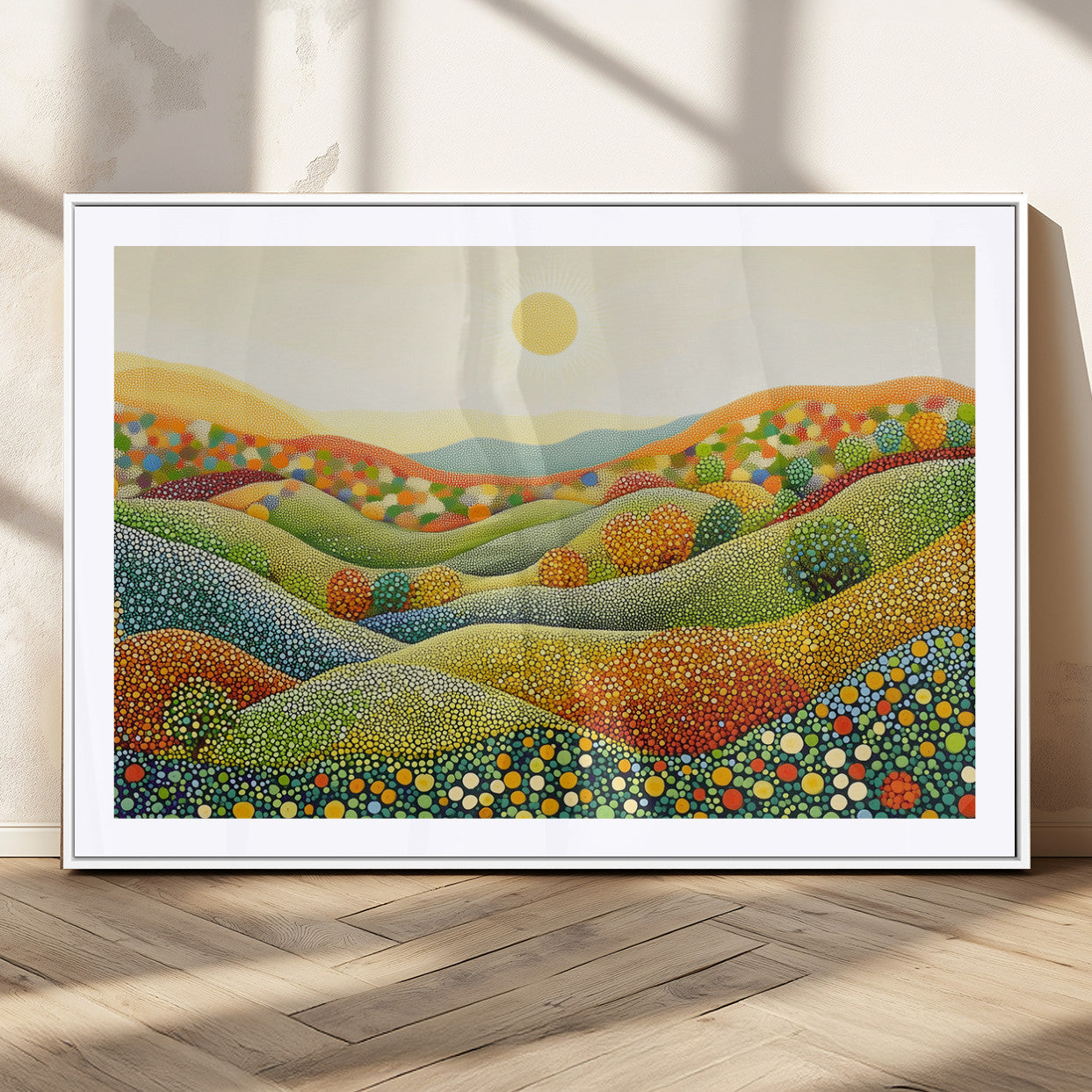 MGC-FP-36x24 - YAYOI KUSAMA Wall Art - Colorful Dot Art Landscape Canvas, Framed Japanese Dot Art