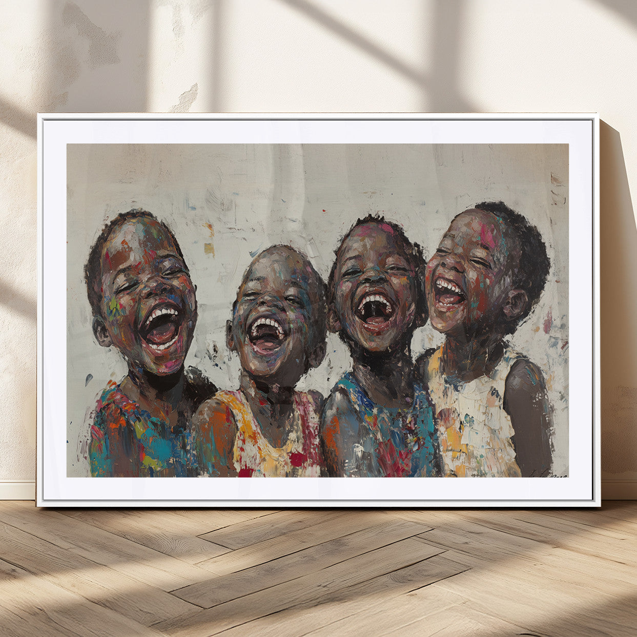 85256-MGC-FP-36x24_White-Shai Yossef Print - Joyful Childhood Canvas Wall Art - Expressive Impasto Painting of Laughing