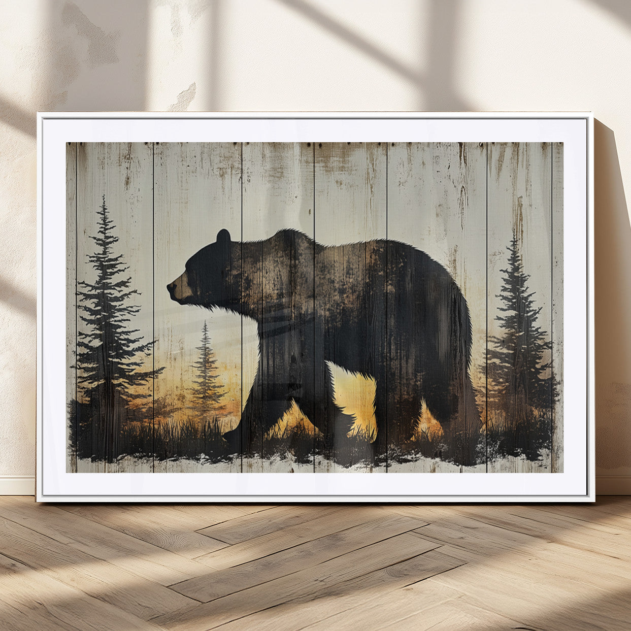 83875-MGC-FP-36x24_White-Vintage Bear Wall Art Canvas Print for Farmhouse - Mountain Wood Canvas Wall Art - Forest Silhouette