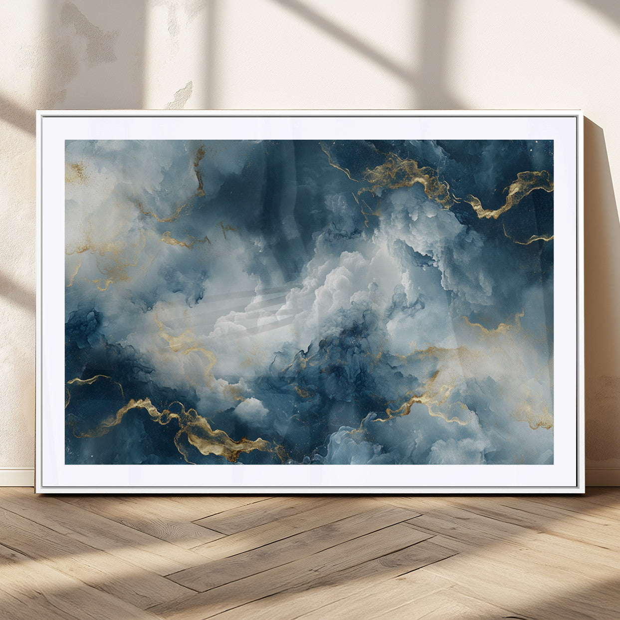 MGC-FP-36x24 - Large Abstract Print - Luxe Blue and Gold Abstract Canvas Wall Art - Bold Cloudscape Canvas for
