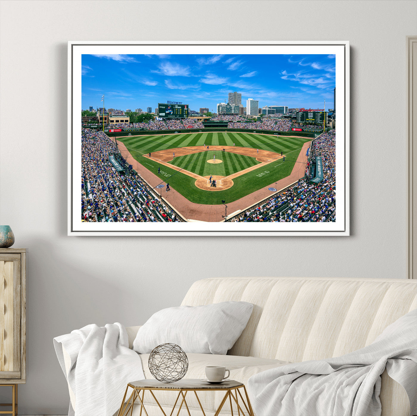 26064-MGC-FP-36x24_White-Framed Wrigley Field Chicago Cubs Print, Panoramic Multi Piece Canvas Wall Art - Iconic Baseball Stadium Print for Sports Lovers - Ready to
