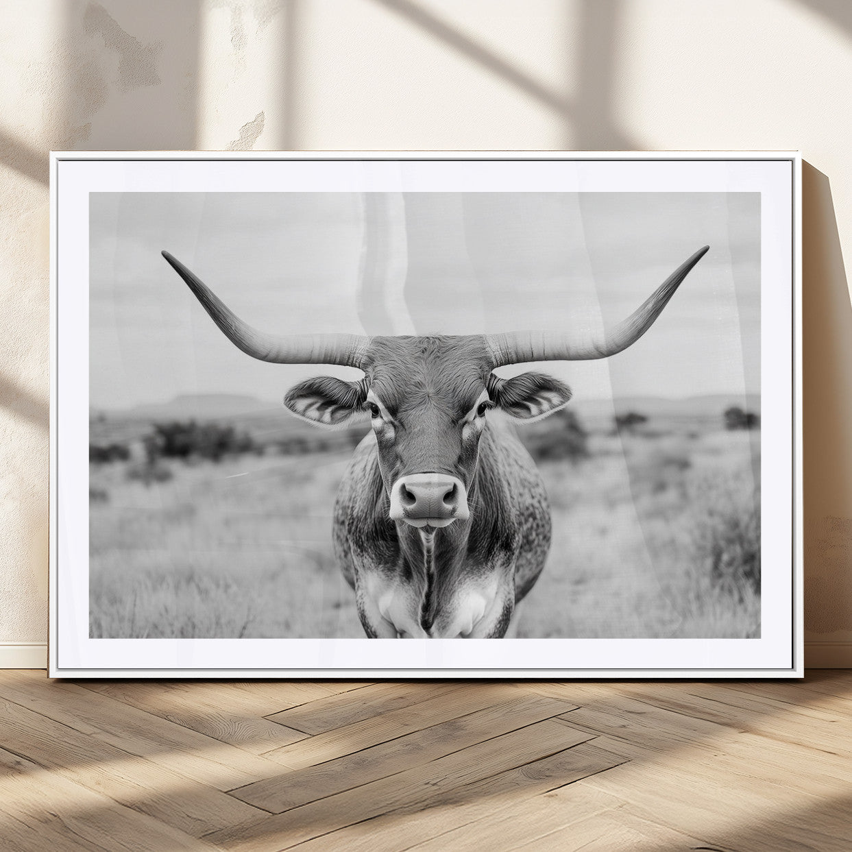 MGC-FP-36x24 - Highland Cow Wall Art Print - Black and White Texas Western Longhorn Canvas - Farmhouse Decor Print