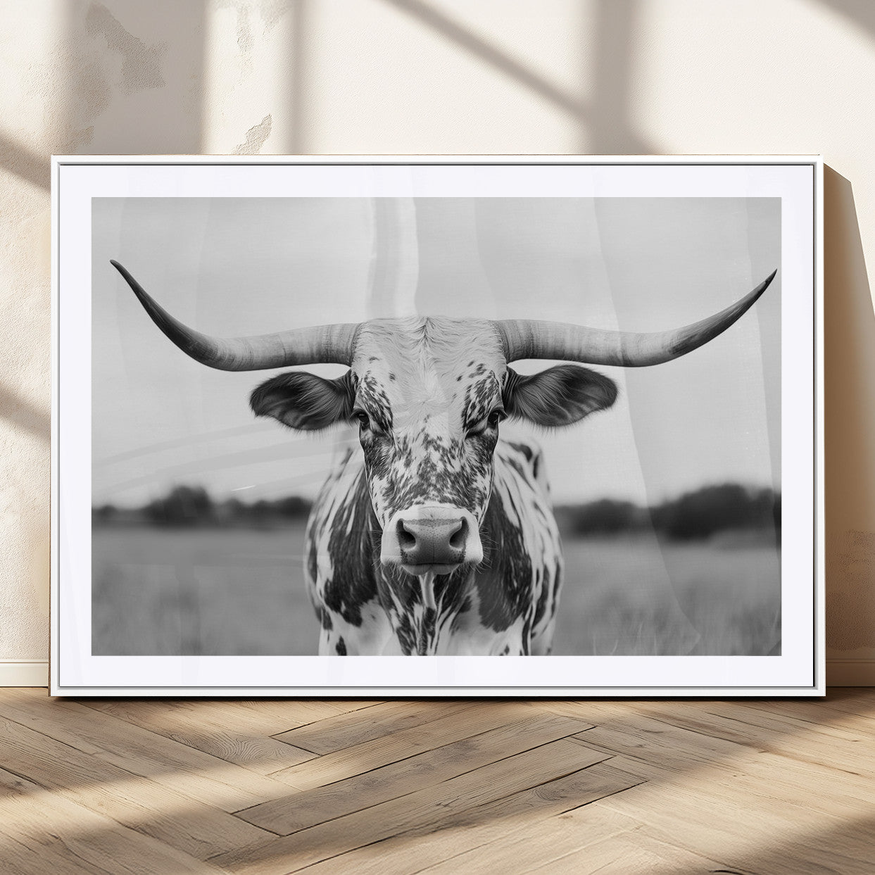 MGC-FP-36x24 - Highland Cow Wall Art - Black and White Western Longhorn Canvas Print - Farmhouse Living Room Decor