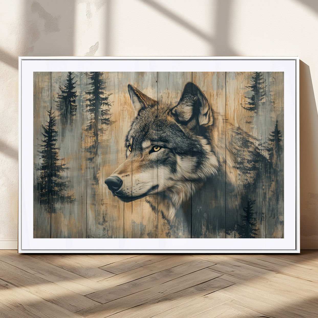 MGC-FP-36x24 - Wood Style Rustic Wolf Wall Art Canvas Print, Vintage Woodland Wolf Wall Art, Framed Wood Style Wolf