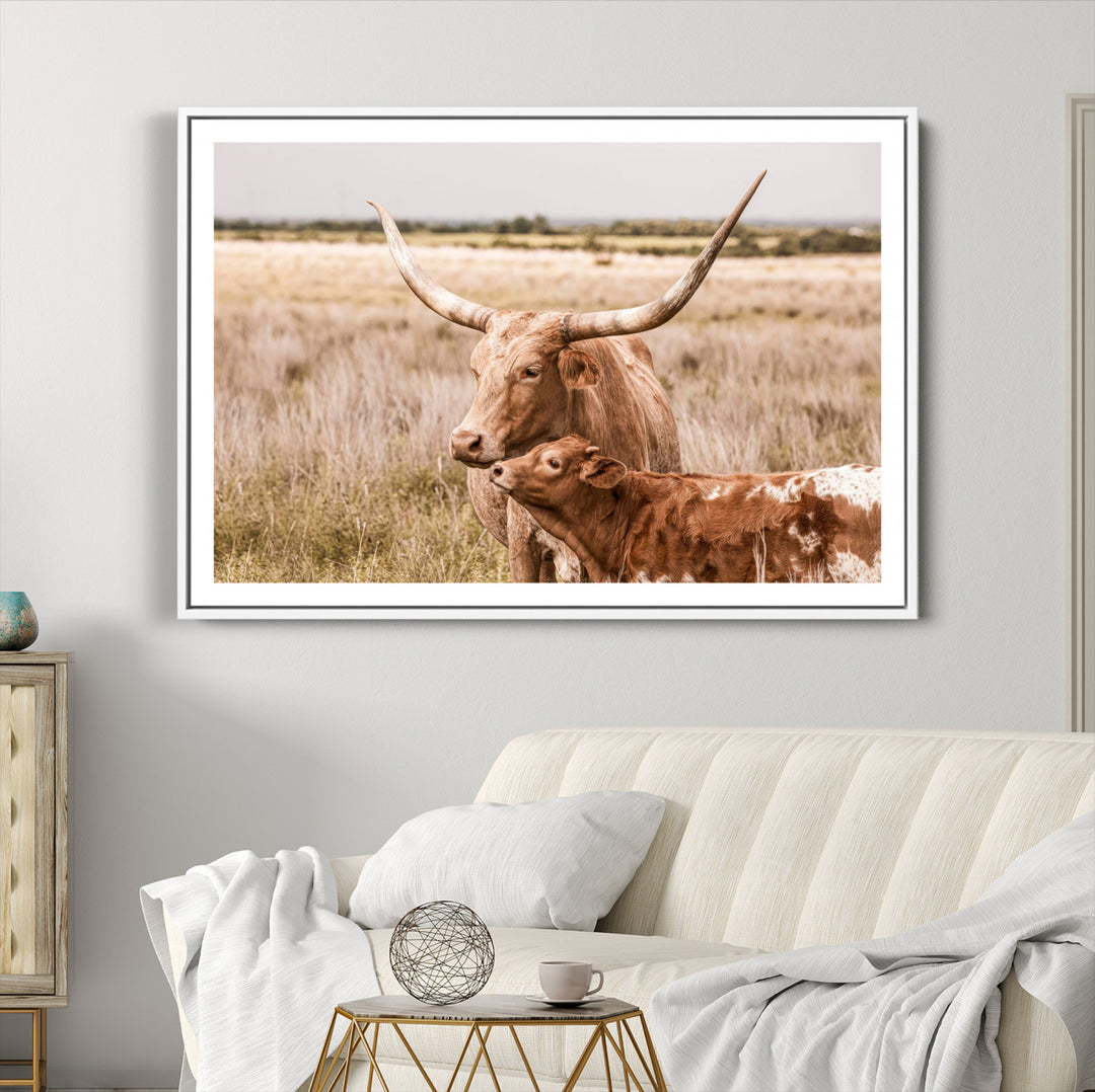 60320-MGC-FP-36x24_White-Texas Longhorn Cow Wall Art Canvas Print for Farmhouse Wall Art, Texas Decor, Western Wall Art Print