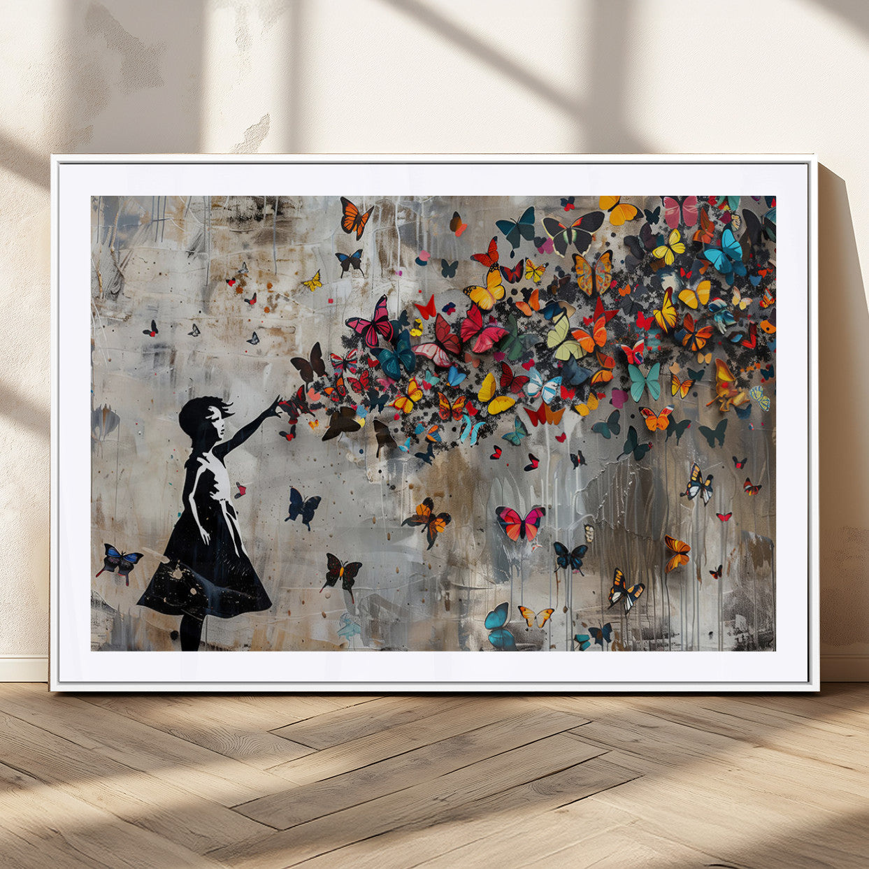 MGC-FP-36x24 - Framed Banksy Butterfly Girl Wall Art ,3-Piece Butterfly Girl Canvas, Modern Graffiti Canvas Print