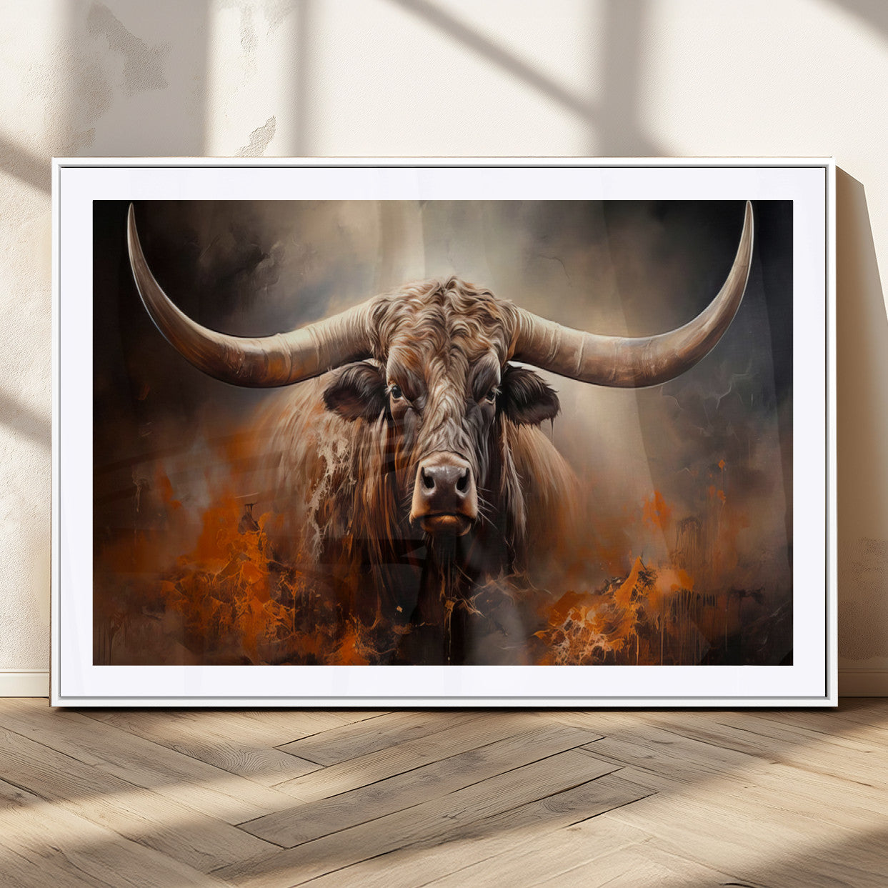 MGC-FP-36x24 - Highland Bull Canvas Abstract Canvas Wall Art Print – Powerful Highland Bull with Striking Horns in