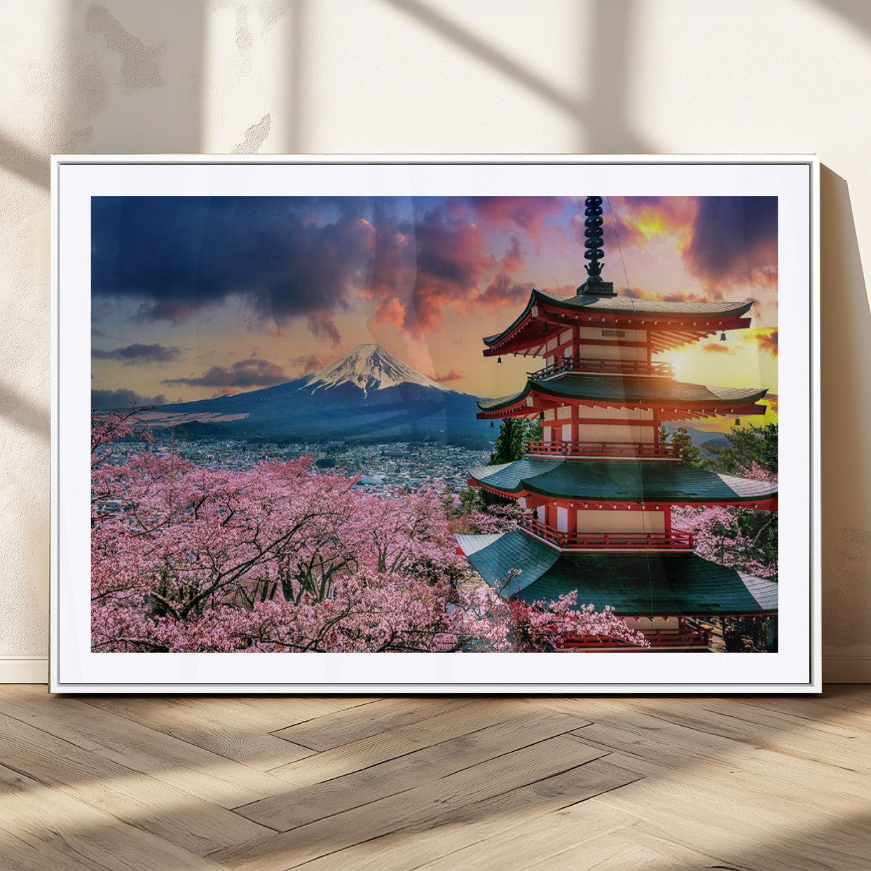 MGC-FP-36x24 - Mount Fuji & Cherry Blossom Wall Art Canvas Print – Iconic Japanese Landscape, Sakura Pagoda Sunset,