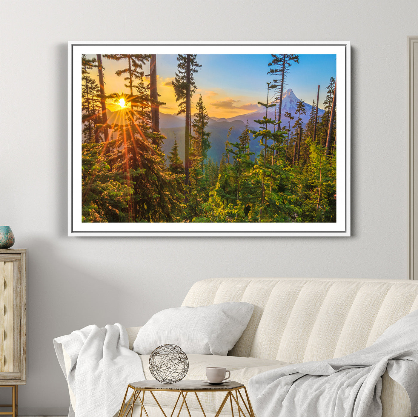 83544043-MGC-FP-36x24-Forest Sunset Wall Art Canvas Print, Framed Sunset Trees Art Picture Print, Green Pines Perfect Rustic Nature Decor