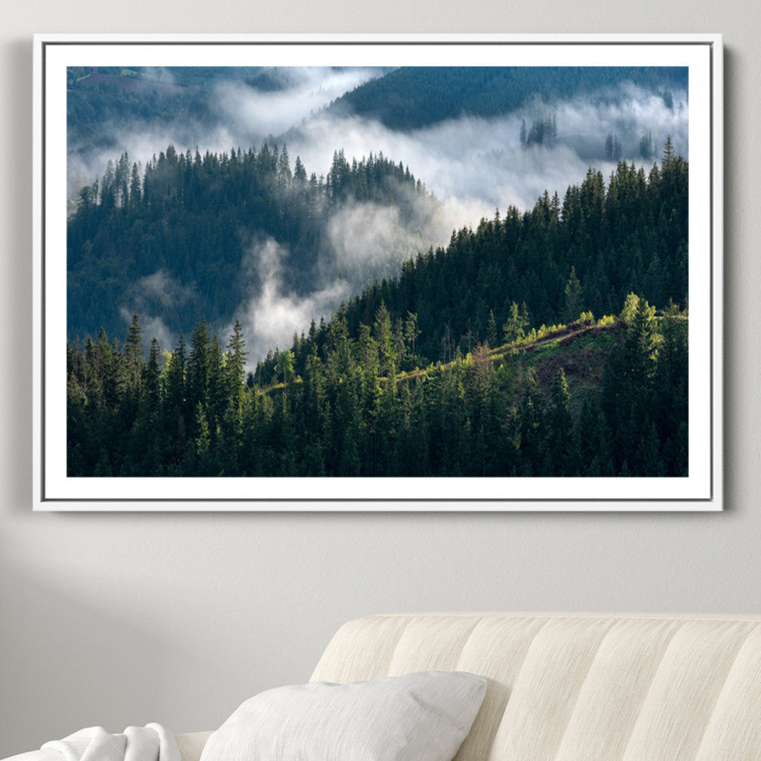 Misty Forest Wall Art Canvas Print | Pine Hills with Foggy Trees