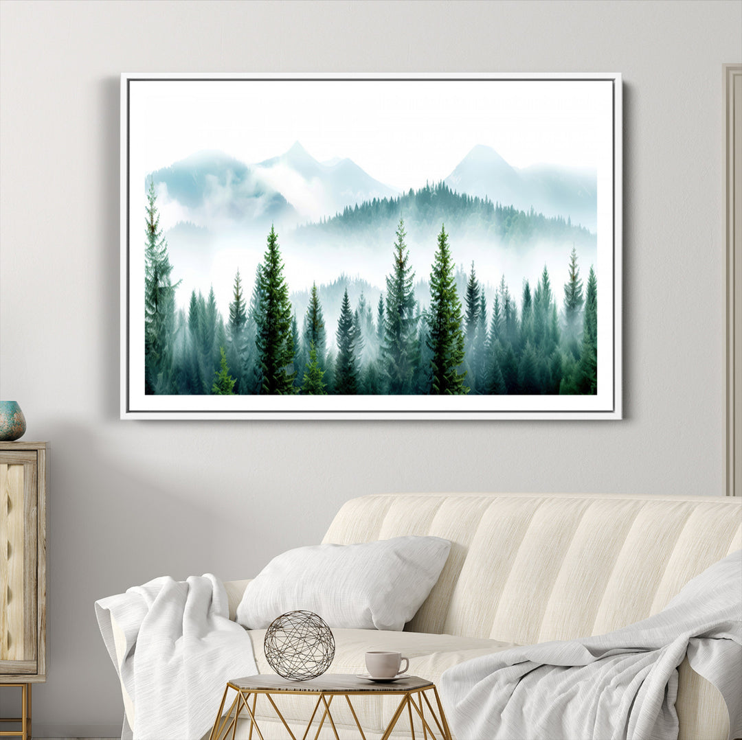 Pine Forest Wall Art Canvas Print, Framed Misty Mountains Art Picture Print, Foggy Trees Perfect Moody Forest Decor Artwork