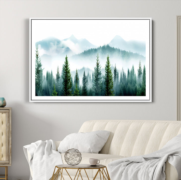 Pine Forest Wall Art Canvas Print, Framed Misty Mountains Art Picture Print, Foggy Trees Perfect Moody Forest Decor Artwork