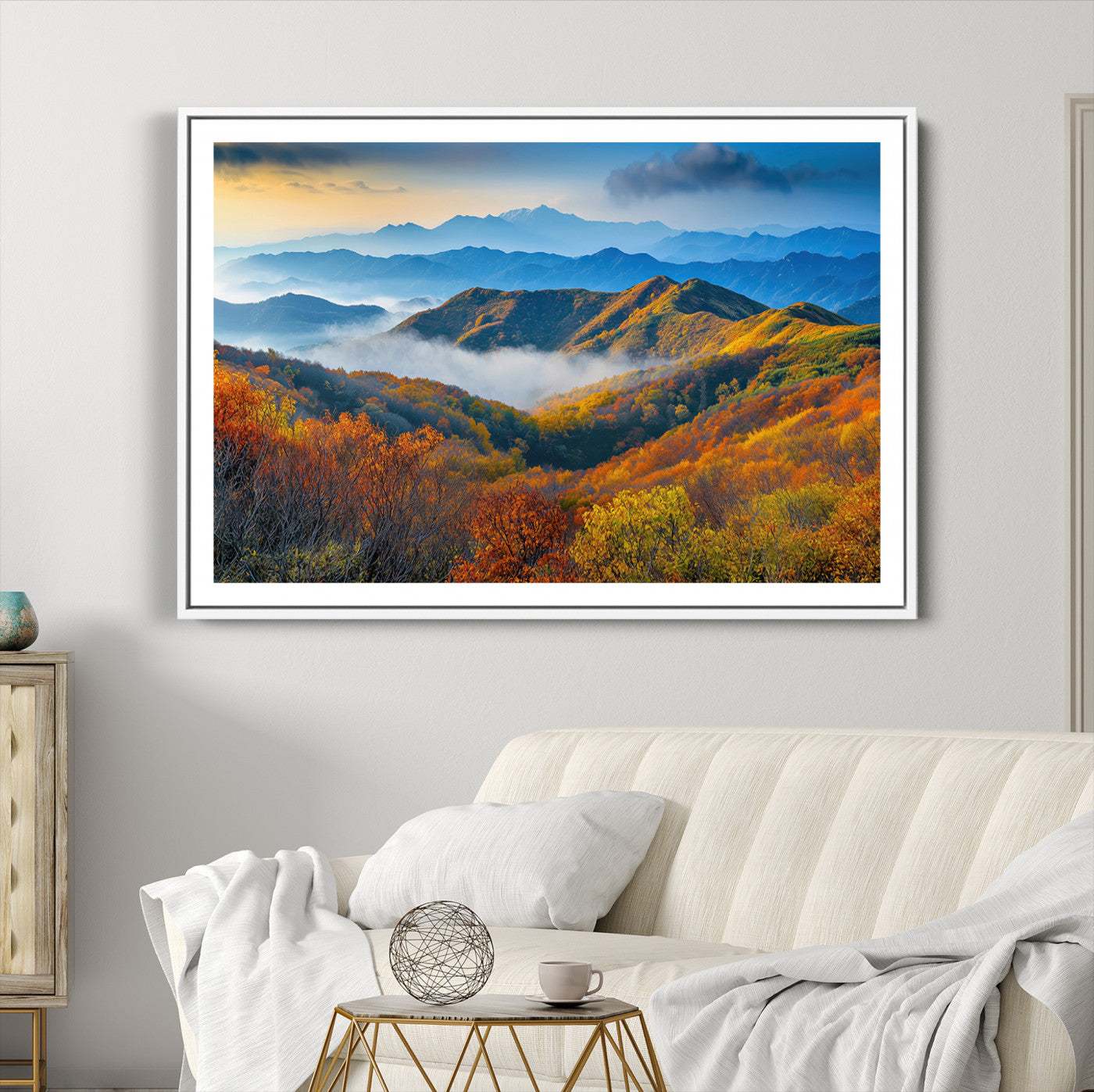 86772247-MGC-FP-36x24-Autumn Mountains Wall Art Canvas Print – Foggy Peaks Colorful Foliage Serene Landscape Nature Artwork for Home Office