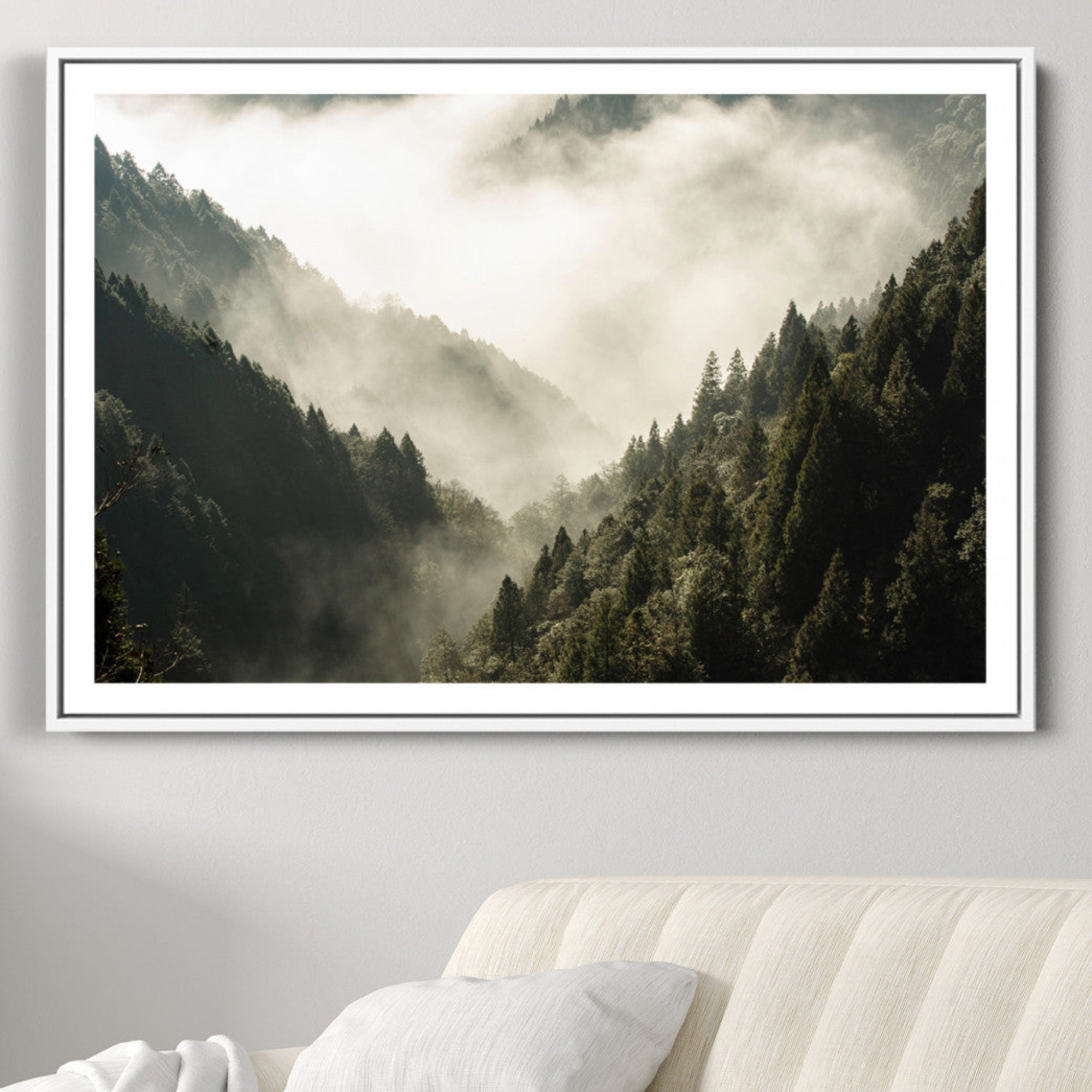 57570237-MGC-FP-36x24-Misty Valley Wall Art Canvas Print – Foggy Forest Pine Trees Serene Woodland Landscape Artwork for Home Office