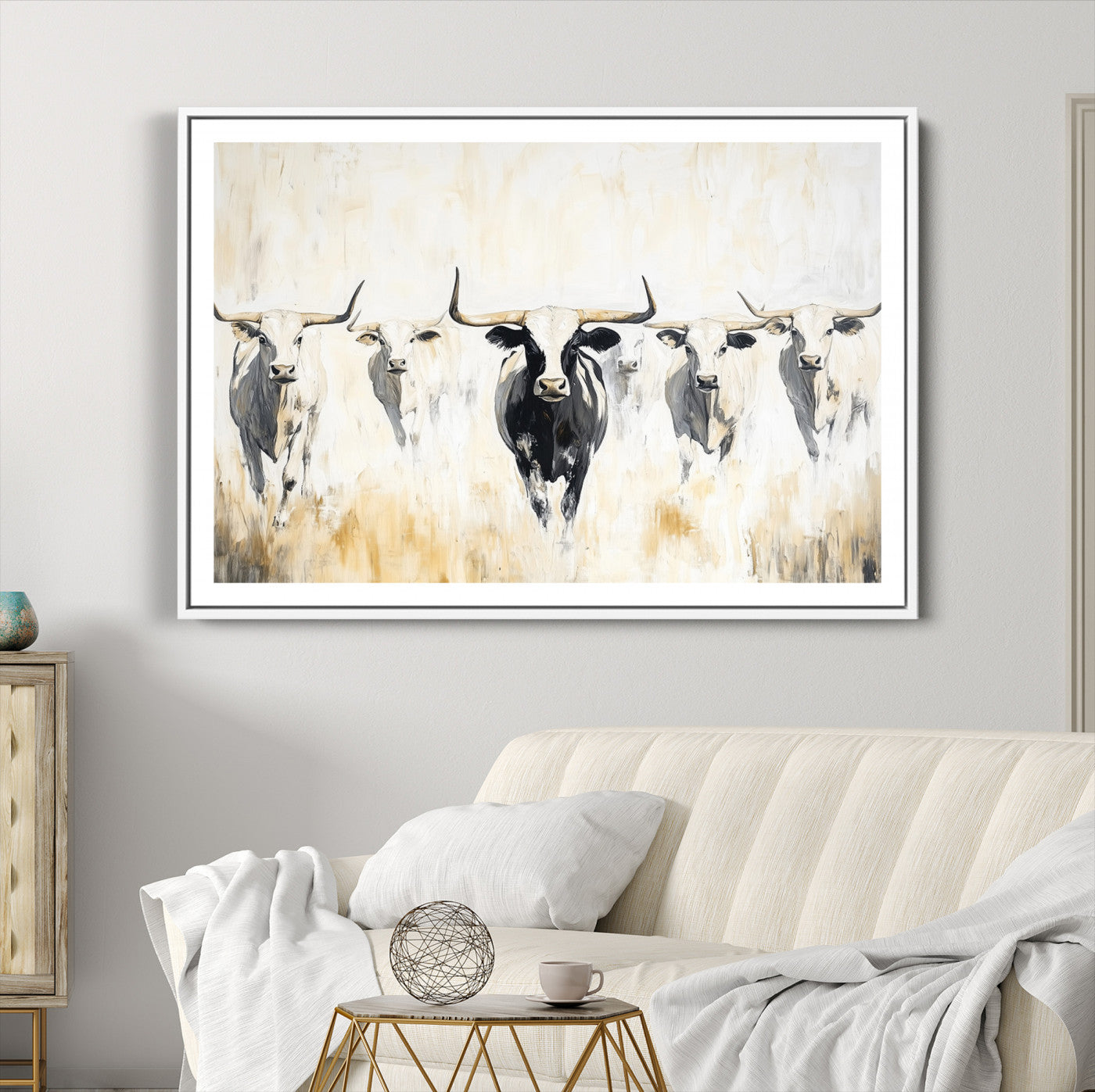 40397799-MGC-FP-36x24-Texas Longhorn Wall Art Canvas Print – Rustic Western Bull Herd Neutral Tones Country Ranch Artwork for Home Office