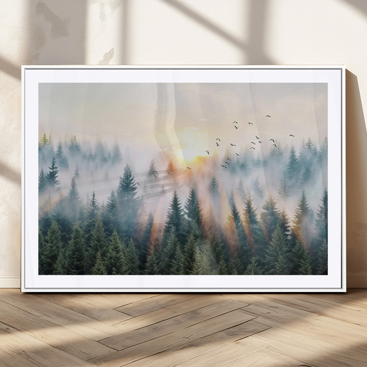 MGC-FP-36x24 - Misty Pine Forest Wall Art Canvas, Sunrise Over Foggy Trees Canvas for Home - Office, Framed