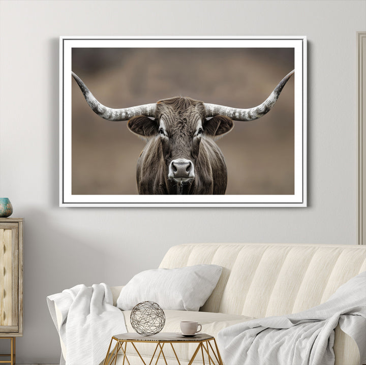 The Framed Texas Longhorn Bull Art Canvas Print adds timeless elegance to the serene setting.