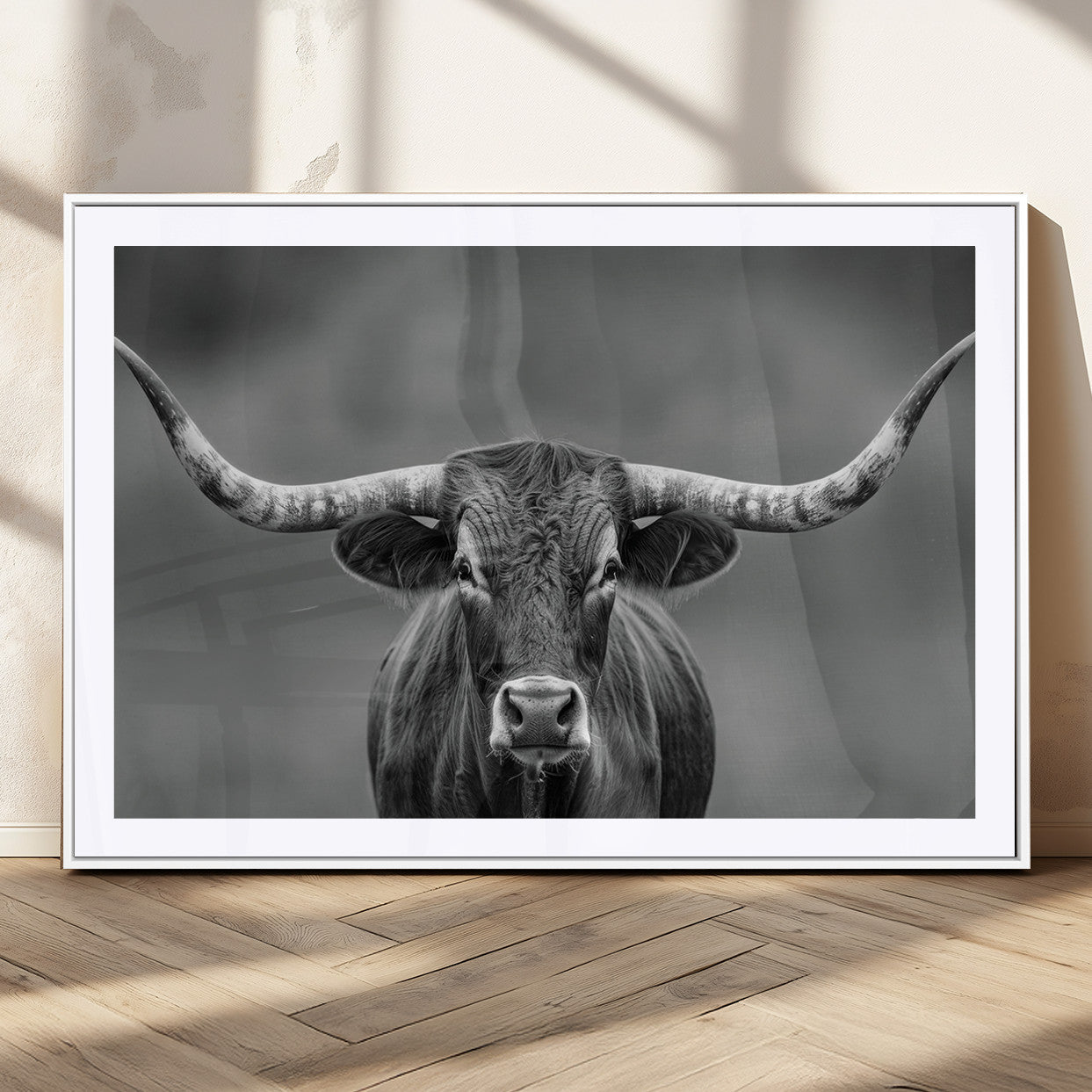 MGC-FP-36x24 - Framed Texas Longhorn Bull Art Canvas Print, Western Bull Wall Art Print, Long Horn Bull Photo Print