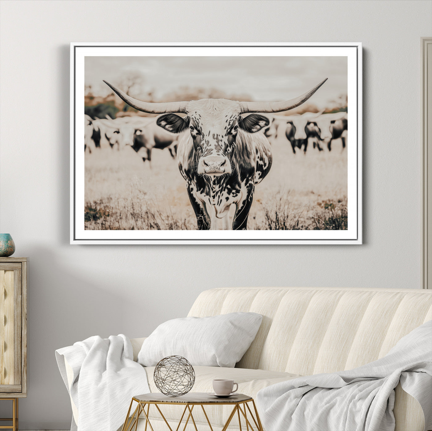 27497342-MGC-FP-36x24_White-Texas Longhorn Wall Art Canvas Print, Framed Speckled Cow Art Picture Print, Horned Cattle Perfect Rustic Western Decor Artwork