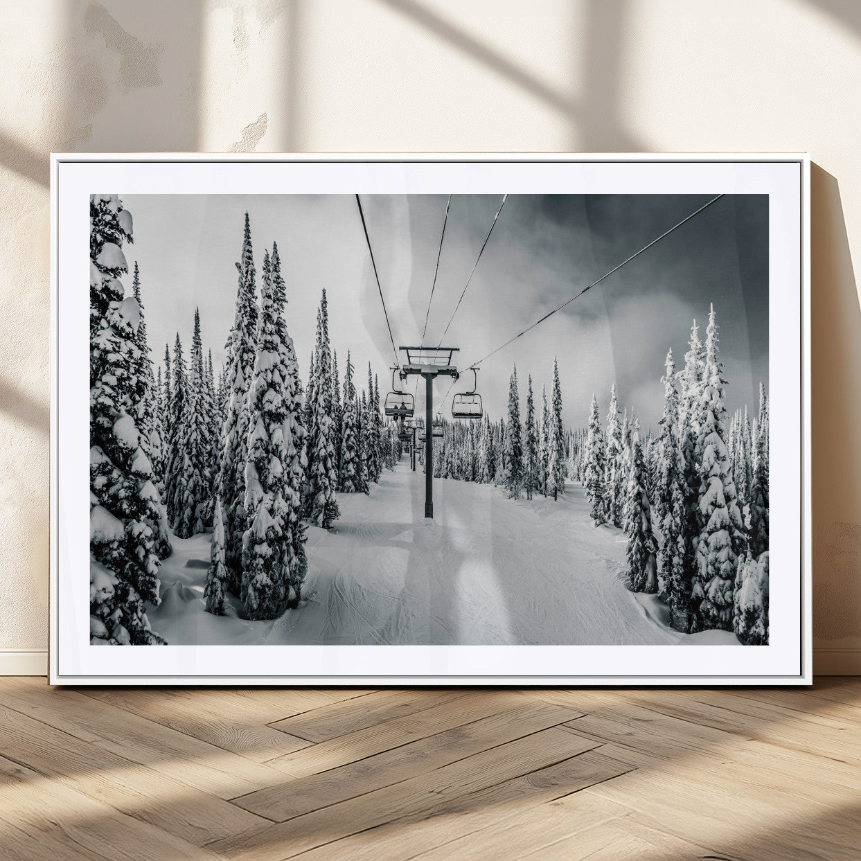 MGC-FP-36x24 - Snowy Pines Wall Art Canvas Print, Framed Ski Lift Art Picture Print, Winter Forest Perfect Moody Lodge Decor Artwork