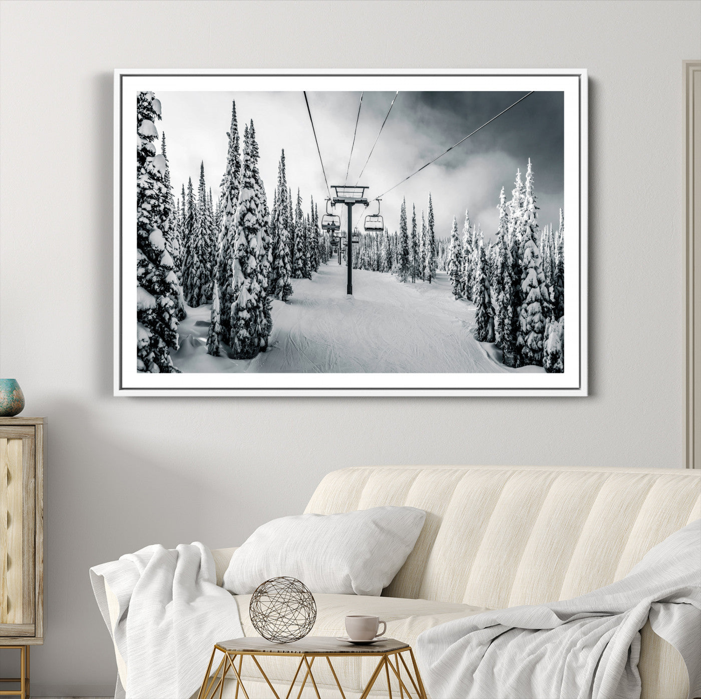 31156828-MGC-FP-36x24_White-Snowy Pines Wall Art Canvas Print, Framed Ski Lift Art Picture Print, Winter Forest Perfect Moody Lodge Decor, Ski Lift Wall Art Canvas