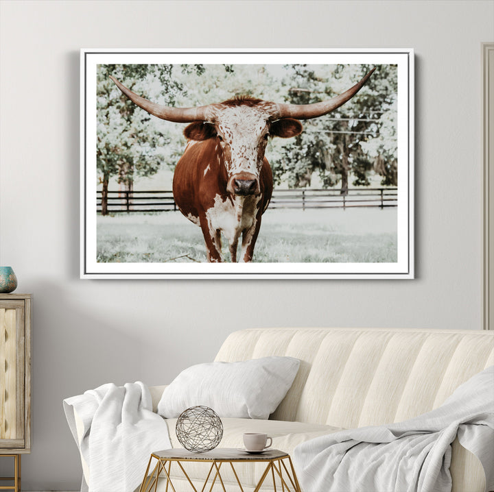 Texas Longhorn Wall Art Canvas Print, Framed Spotted Cow Art Picture Print, Horned Cattle Perfect Rustic Western Decor, Framed Horned Cattle Print