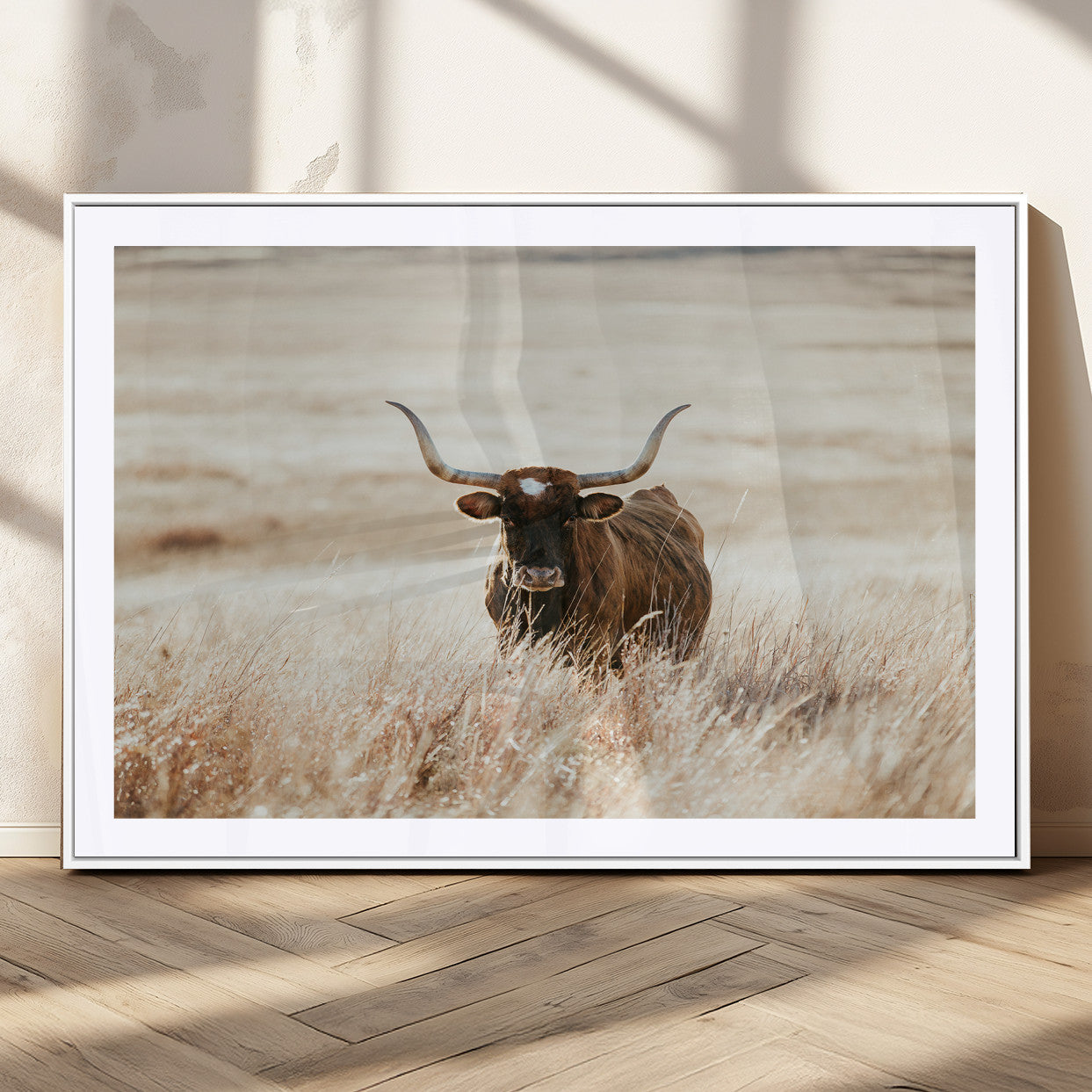 MGC-FP-36x24 - Texas Longhorn Wall Art Canvas Print, Framed Brown Cattle Art Picture Print, Horned Bull Perfect Rustic Western Decor Artwork