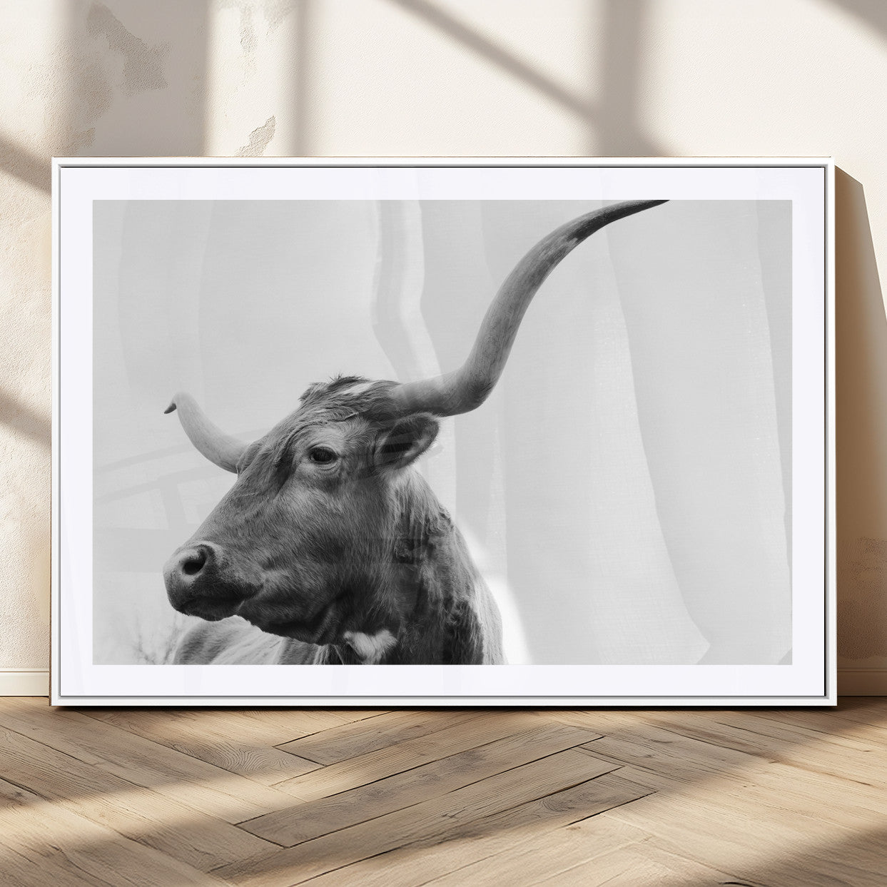 MGC-FP-36x24 - Longhorn Wall Art Wall Art Canvas Print, Framed Modern Ranch Style Art Art Picture Print, Monochrome Cow Print Perfect Rustic Western Decor Artwork