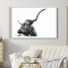 64392617-MGC-FP-36x24_White-Longhorn Wall Art Wall Art Canvas Print, Framed Modern Ranch Style Art Art Picture Print, Monochrome Cow Print Perfect Rustic Western Decor