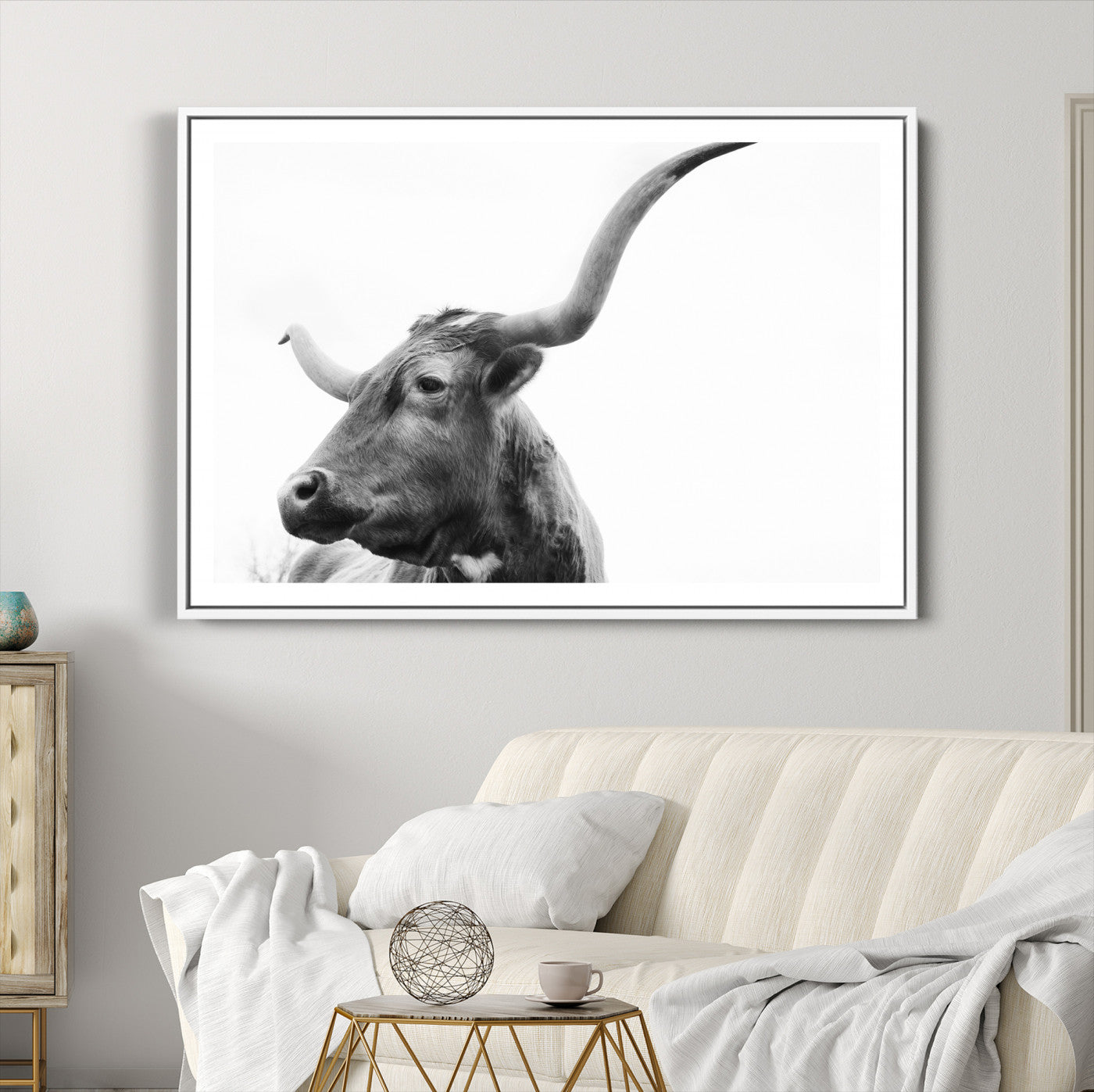 64392617-MGC-FP-36x24_White-Longhorn Wall Art Wall Art Canvas Print, Framed Modern Ranch Style Art Art Picture Print, Monochrome Cow Print Perfect Rustic Western Decor