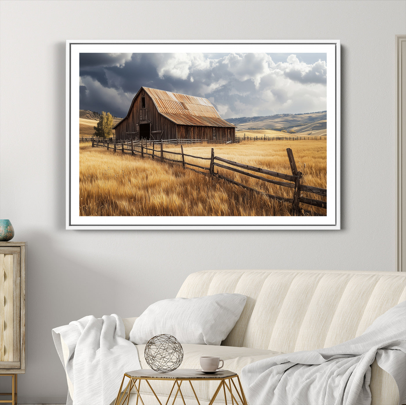 38758826-MGC-FP-36x24-Rustic Barn Wall Art Canvas Print – Framed Moody Barn Golden Field Countryside Farmhouse Landscape Artwork for Home Office