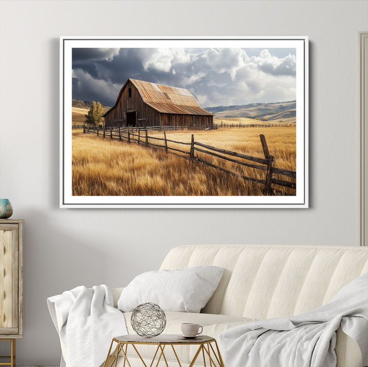Rustic Barn Wall Art Canvas Print, Framed Moody Barn Art Picture Print, Golden Field Perfect Rustic Farmhouse Decor
