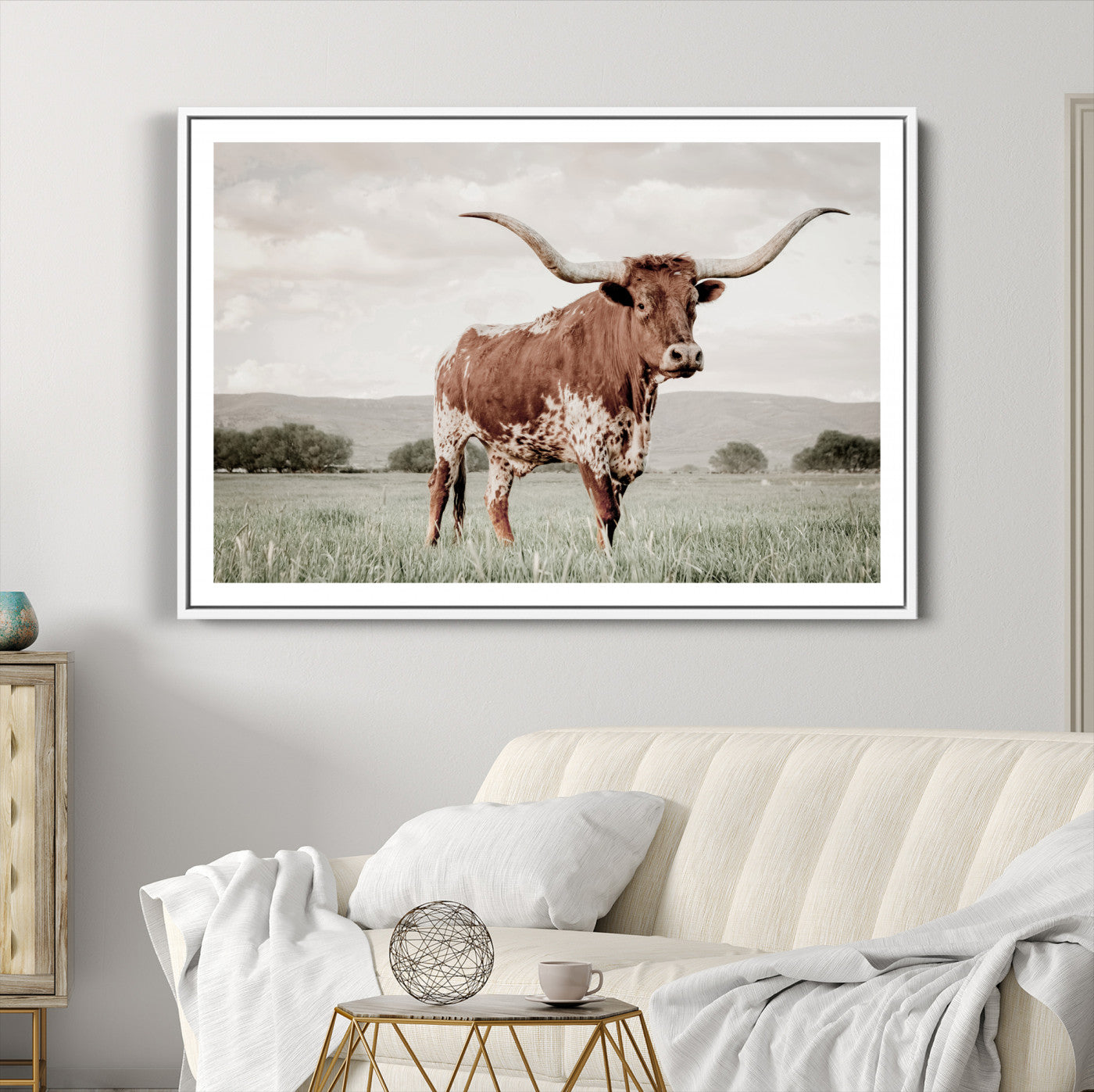 28309012-MGC-FP-36x24-Texas Longhorn Wall Art Canvas Print – Framed Spotted Cattle Horned Bull Western Ranch Animal Artwork for Home Office