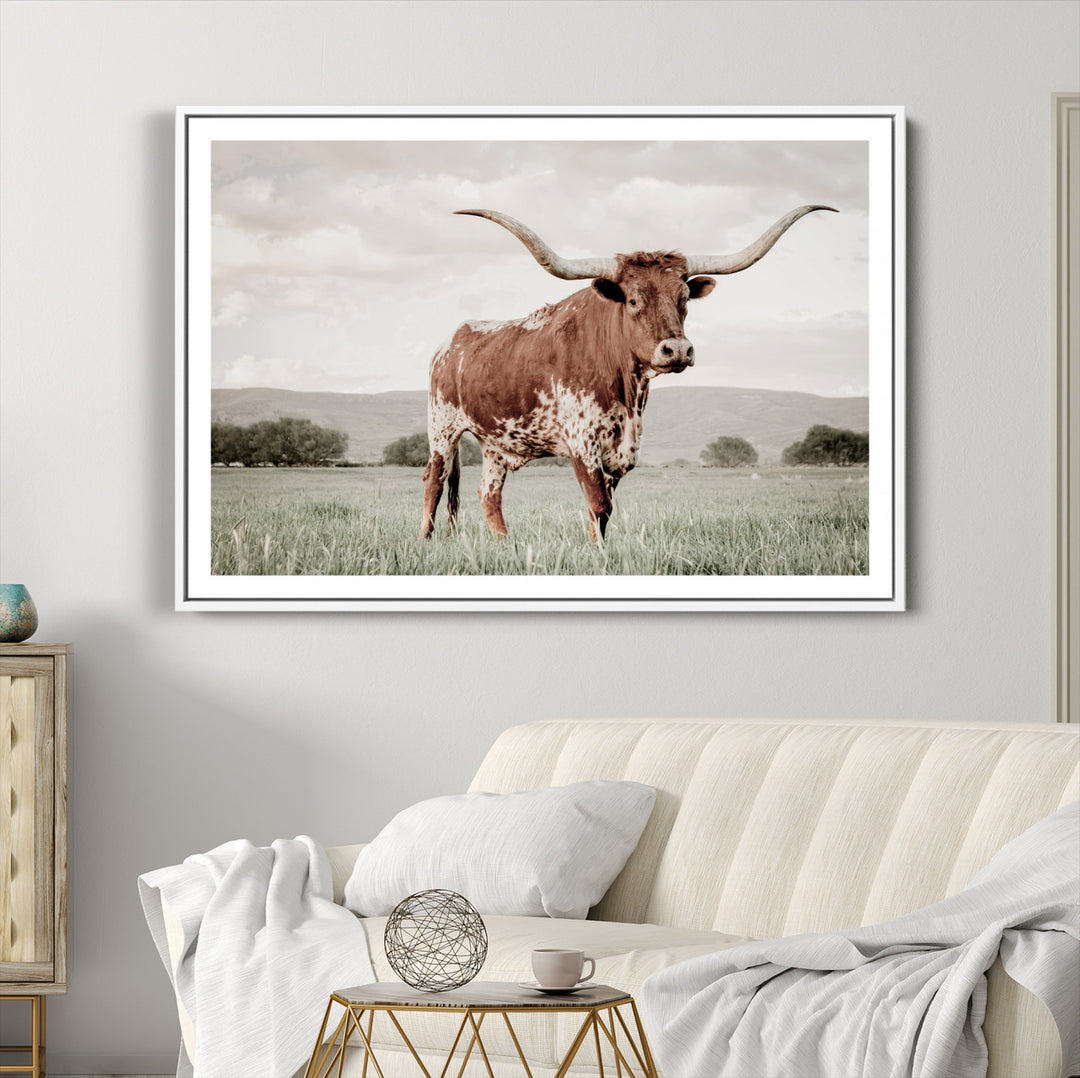 Texas Longhorn Wall Art Canvas Print, Framed Spotted Cattle Art Picture Print, Horned Bull Perfect Rustic Western Decor Artwork