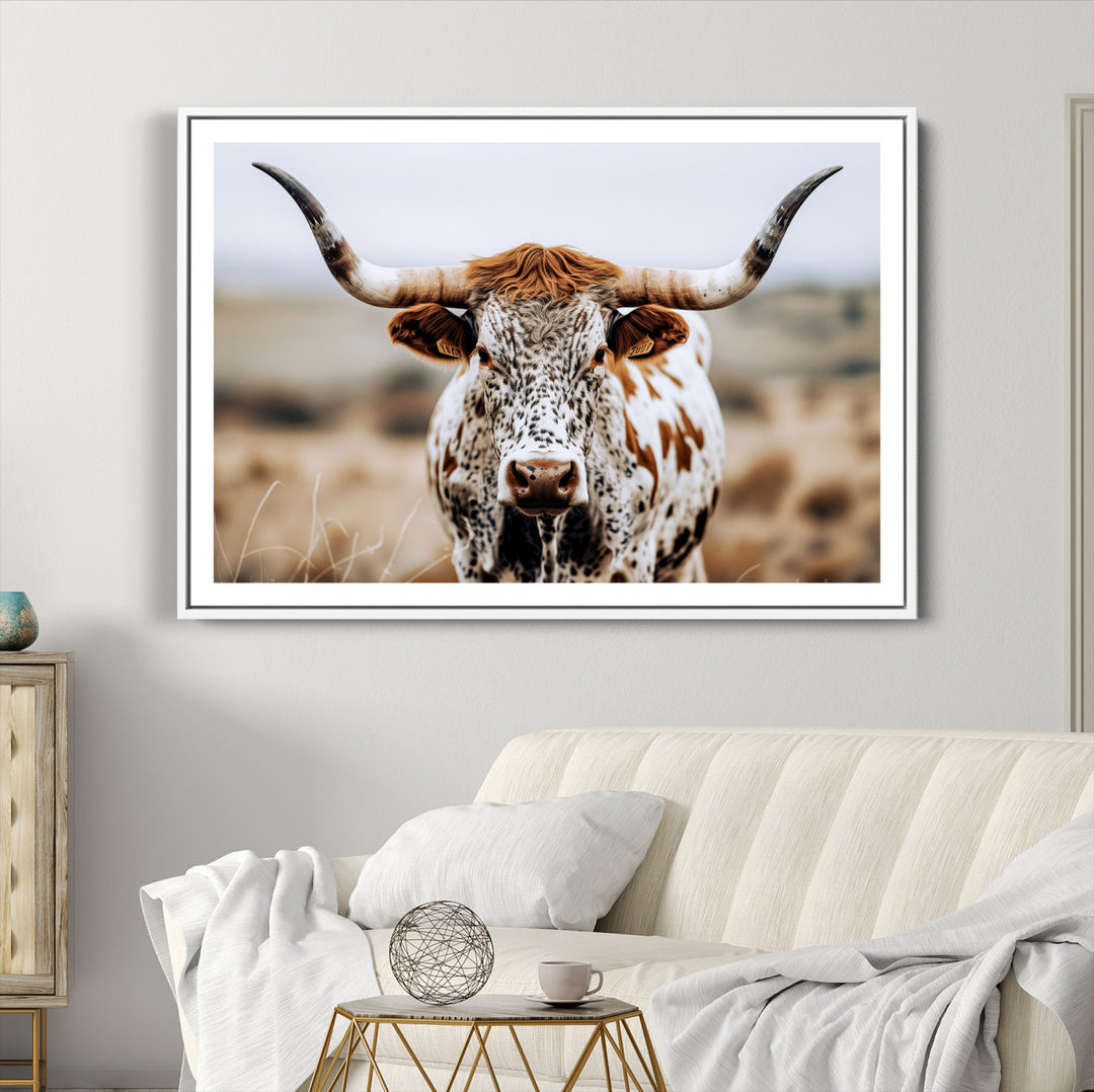 Texas Longhorn Wall Art Canvas Print, Framed Spotted Cow Art Picture Print, Horned Cattle Perfect Rustic Western Decor Artwork