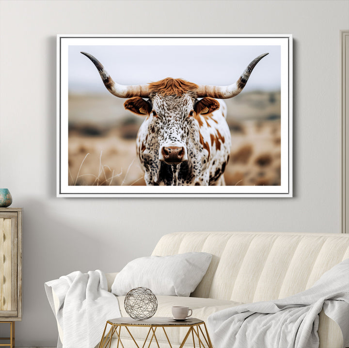 Texas Longhorn Wall Art Canvas Print, Framed Spotted Cow Art Picture Print, Horned Cattle Perfect Rustic Western Decor Artwork